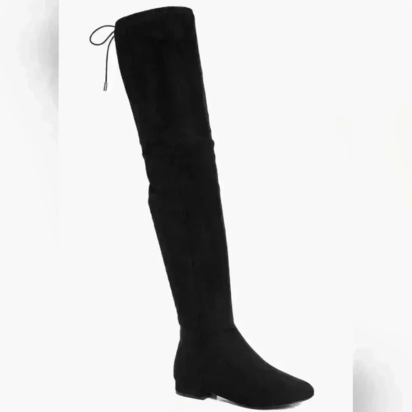 NEW NIB Boohoo Black Faux Suede Lois Wide Fit Over The Knee Tie Back Boots - Picture 1 of 5